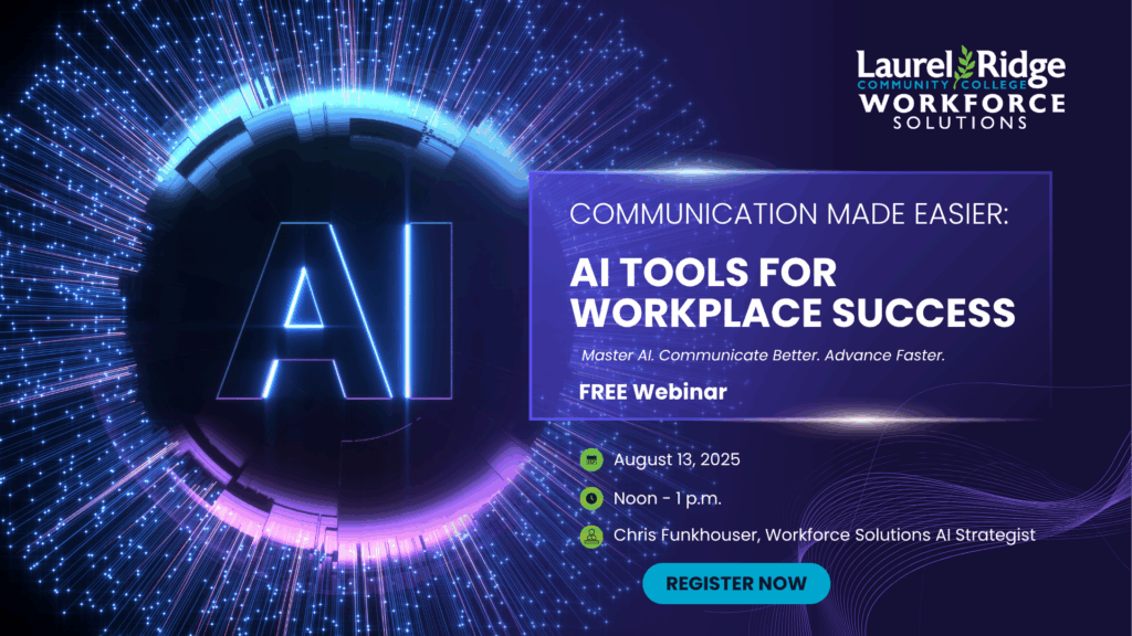 Laurel Ridge Workforce Solutions AI webinar; AI graphic with fiber optic lights and dark colors.