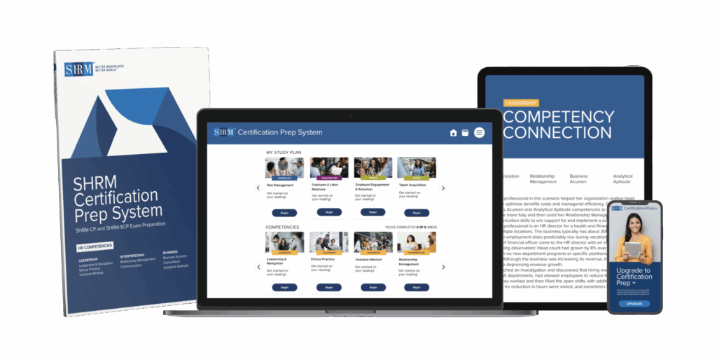 A promotional image displaying the SHRM Certification Prep System materials, including a printed guidebook, laptop, tablet, and smartphone, all showcasing digital study tools and course content for SHRM-CP and SHRM-SCP exam preparation.
