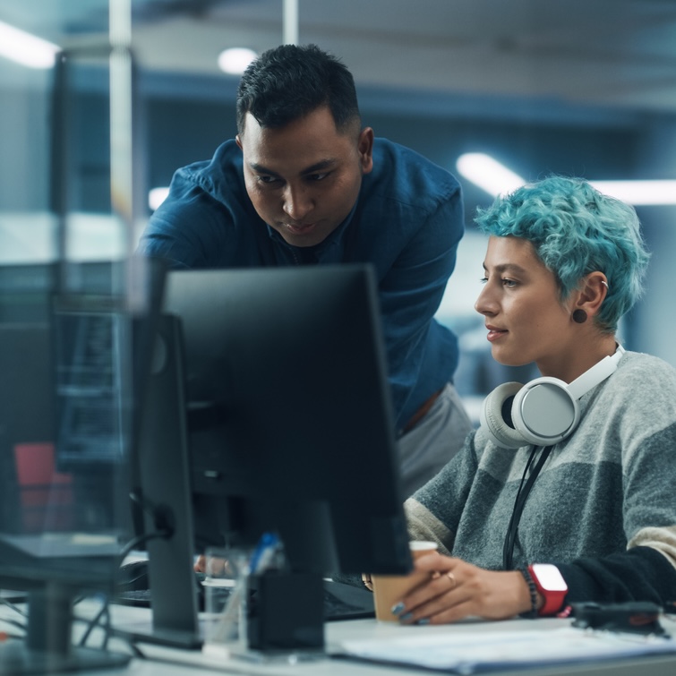 IT Project Manager a man and a woman talk while looking at a computer screen