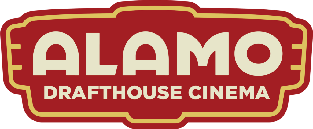 a logo showing the words Alamo Drafthouse Cinema surrounded by a red maroon background